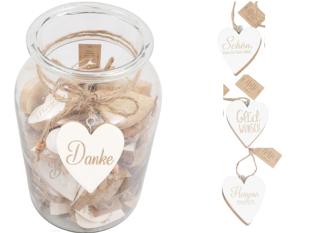 Herz aus Holz zum hängen in Glas VE 96